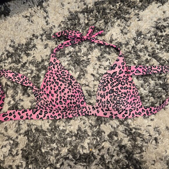 VICTORIA'S SECRET Pink & Black Leopard Halter Bikini Top Padded Medium M Swim - Picture 1 of 2